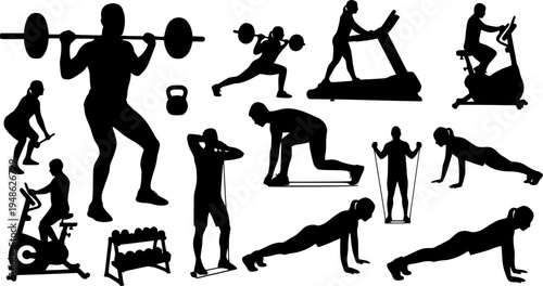 Fitness gym silhouettes , Fitness exercise silhouettes
