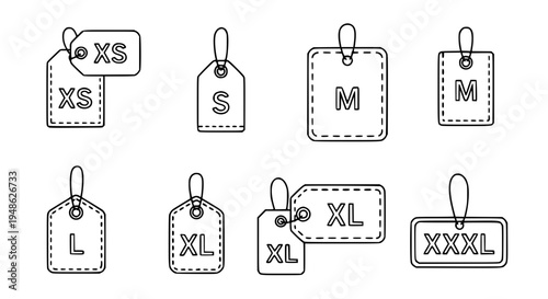 Clothing size label flat line icons with XS S M L XL XXL garment tag symbols vector set
