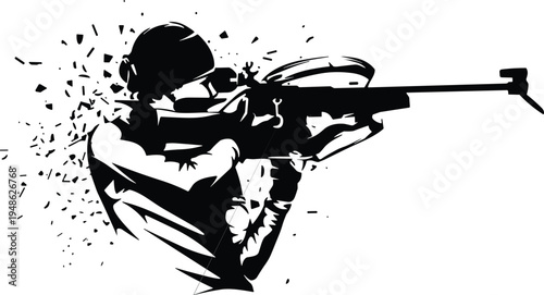 Dynamic black silhouette of a biathlon athlete or sharpshooter aiming a rifle with debris spray effect isolated on white background for sports design