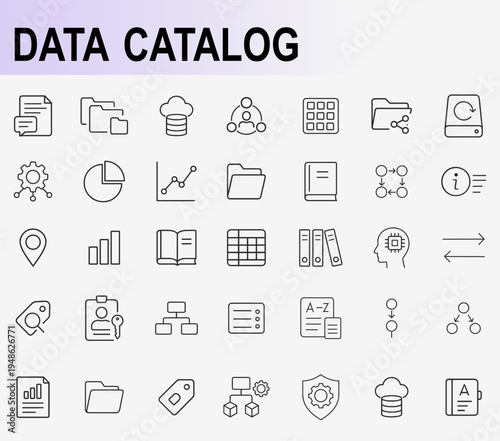 Data control and information security icons set, outline symbols for cloud storage database management privacy protection and network analytics vector illustration