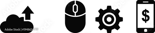 Cloud upload, computer mouse, settings gear and mobile payment icons, digital technology and online service vector illustration set