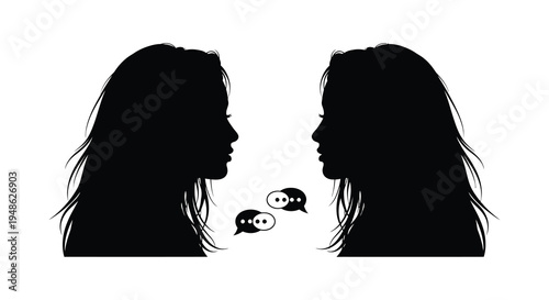 Two women facing each other in silhouette with speech bubbles between them