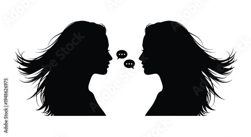 Two women facing each other in silhouette with speech bubbles between them