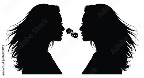 Two women facing each other in silhouette with speech bubbles between them
