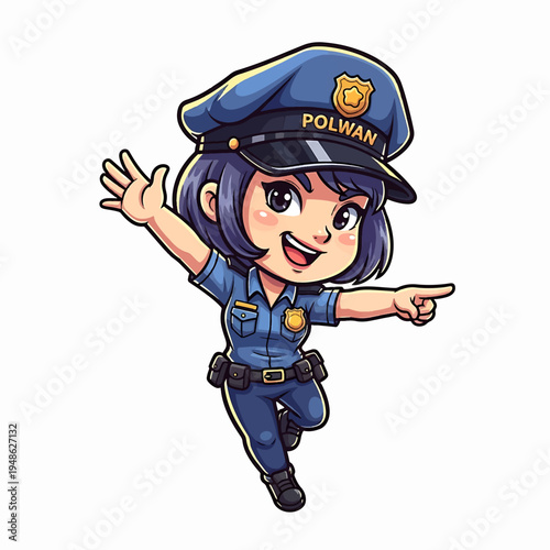Polwan police officer cartoon character in blue uniform with cap