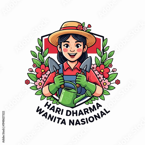 Gardener Woman with Watering Can and Floral Emblem