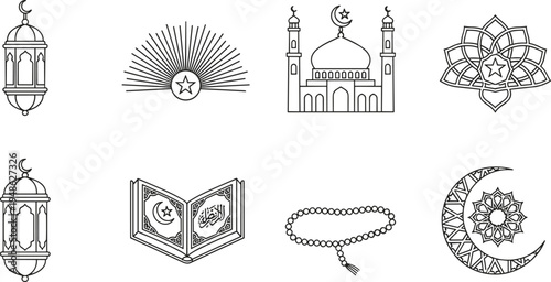Islamic Ramadan icon set line art illustration featuring mosque, lantern, crescent moon, Quran, prayer beads and geometric ornament symbols for Ramadan Kareem design