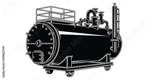 Industrial tank with pipes and walkways a black and white technical illustration