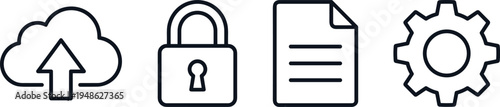 Cloud upload, security lock, document file and settings gear outline icons, data protection and web technology vector illustration
