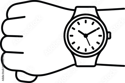 Minimalist black and white line art illustration of a hand wearing a wristwatch, symbolizing time management, punctuality, deadlines, and daily schedule planning concept.