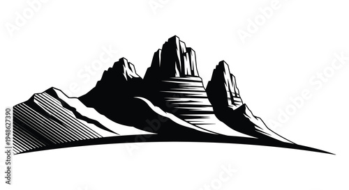Dramatic black and white illustration of jagged mountain peaks and rolling hills
