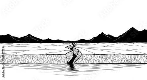 Cracked Iceberg Surface with Water Below and Mountains in Background