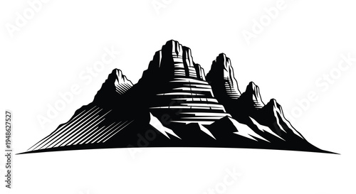 Stylized black and white illustration of jagged mountain peaks and slopes