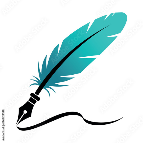 Artistic turquoise quill feather with black fountain pen nib writing a curved ink line for creative literary book author