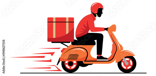 Fast food delivery man riding orange scooter with red thermal box express shipping vector illustration of online service
