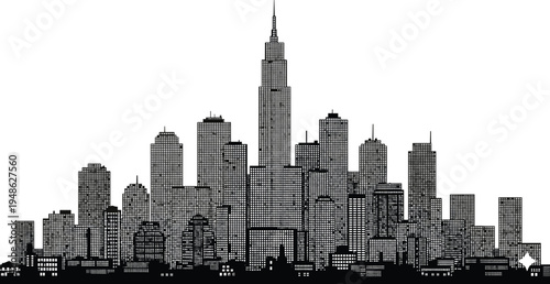 Modern city skyline silhouette with skyscrapers and urban buildings panorama, detailed metropolitan downtown landscape illustration for architecture, business, travel and cityscape design