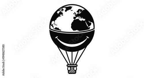 A black and white illustration of earth encased in a hot air balloon