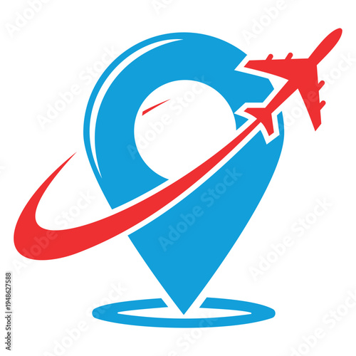 Global travel agency logo icon with red airplane flying around blue map location pin for tourism and airline navigations
