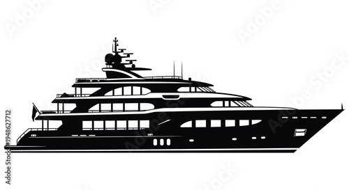 A sleek black and white illustration of a large luxury yacht at sea