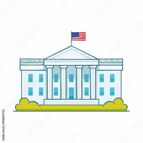 Illustrated neoclassical government building featuring an American flag, symbolizing national executive power, historical landmark, and political authority in a flat design