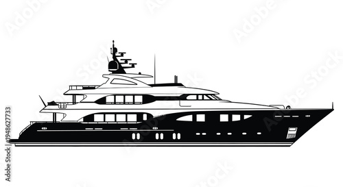 A sleek black and white illustration of a large luxury yacht at sea