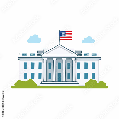 Stylized illustration of a classic government building, featuring an iconic architectural design with columns and a prominent flag, representing a national capital landmark
