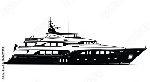 Black and white illustration of a large modern luxury yacht at sea