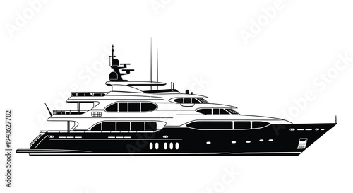 A detailed black and white line drawing of a large modern yacht at sea