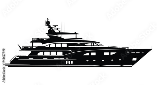 Sleek black silhouette of a large luxury yacht on a white background