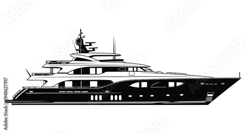 A sleek black and white illustration of a large modern luxury yacht at sea