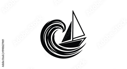 A stylized black and white illustration of a sailboat navigating a swirling wave
