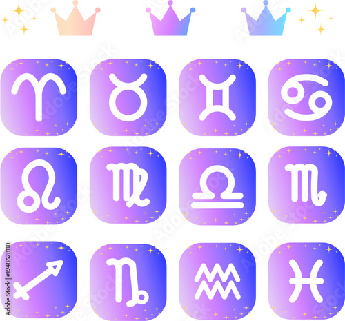 12星座シンプルアイコンセット　紫グラデーション背景