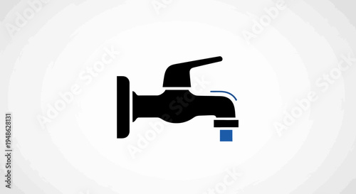 Black Faucet Icon with Blue Water Droplet, Water Supply and Conservation Concept