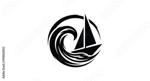 Black and white graphic of a sailboat navigating swirling ocean waves within a circular design