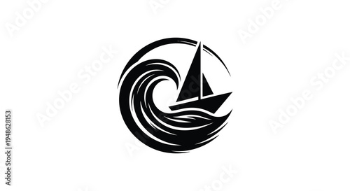 Black silhouette of a sailboat navigating through a swirling ocean wave design
