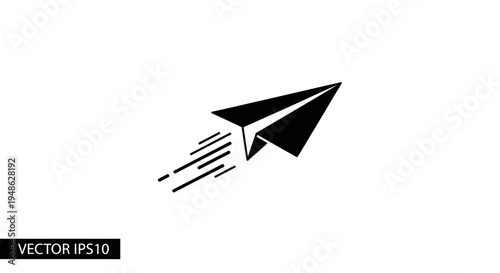 Black paper airplane flying fast with motion lines, vector icon