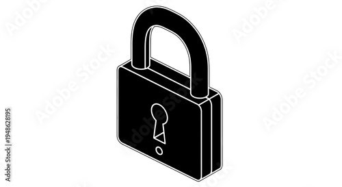 Black Padlock Icon, Security Symbol, Lock Illustration, Isometric View, Isolated on White Background