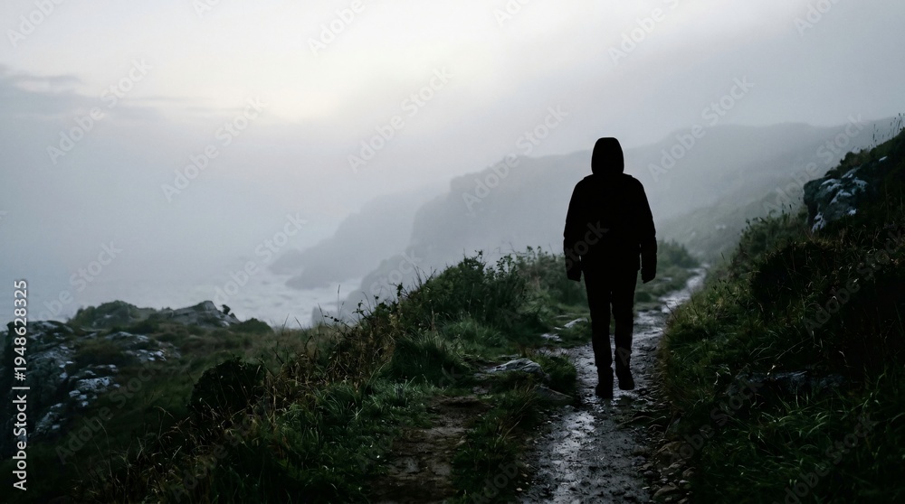 Obraz premium Solitary Hiker Walking Coastal Path Ireland Foggy Weather Outdoor Adventure Travel Photography