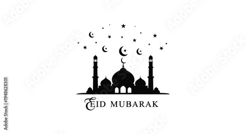 Eid mubarak greeting featuring a mosque silhouette with crescent moons and stars