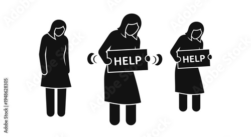 Woman holding help sign, feeling desperate, asking for assistance, support needed