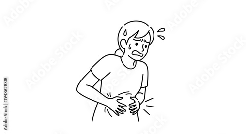 Woman with stomach ache, holding belly in pain, sweating, feeling unwell, discomfort, nausea