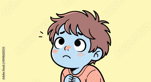 Worried Child with Blue Skin, Expressing Anxiety and Fear, Isolated on Yellow Background