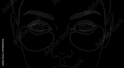 Woman's face with under-eye patches, beauty, skincare, self-care, dark background, line art