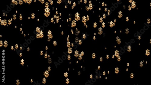 golden dollar signs raining down black background money falling animation seamless loop