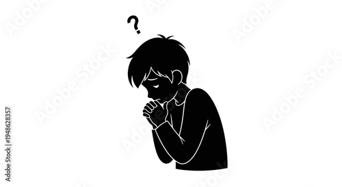 Young boy with hands clasped in front of face, looking down with a question mark above his head, expressing confusion or worry.