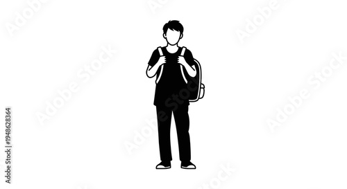 Young Boy with Backpack Standing Isolated on White Background, Back to School Concept