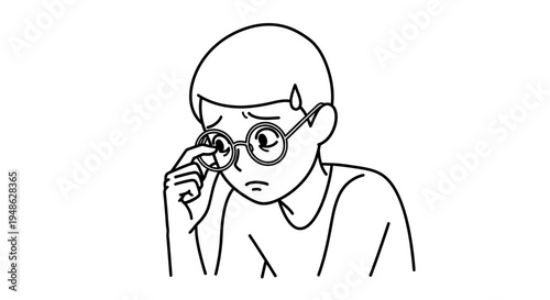 Young Person Adjusting Glasses, Looking Concerned, Sweat Droplet