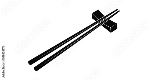 A minimalist illustration of black chopsticks resting on a dark rectangular rest