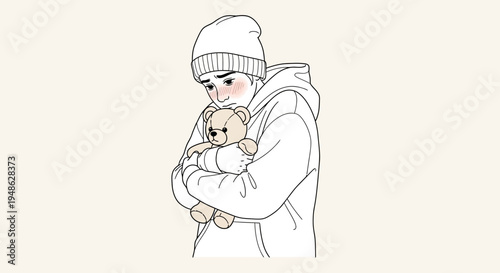 Young Person Hugging Teddy Bear, Comfort, Sadness, Loneliness, Winter Clothes