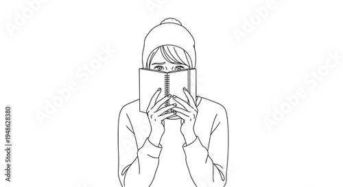 Young Woman Hiding Face Behind Book, Wearing Beanie, Reading or Studying